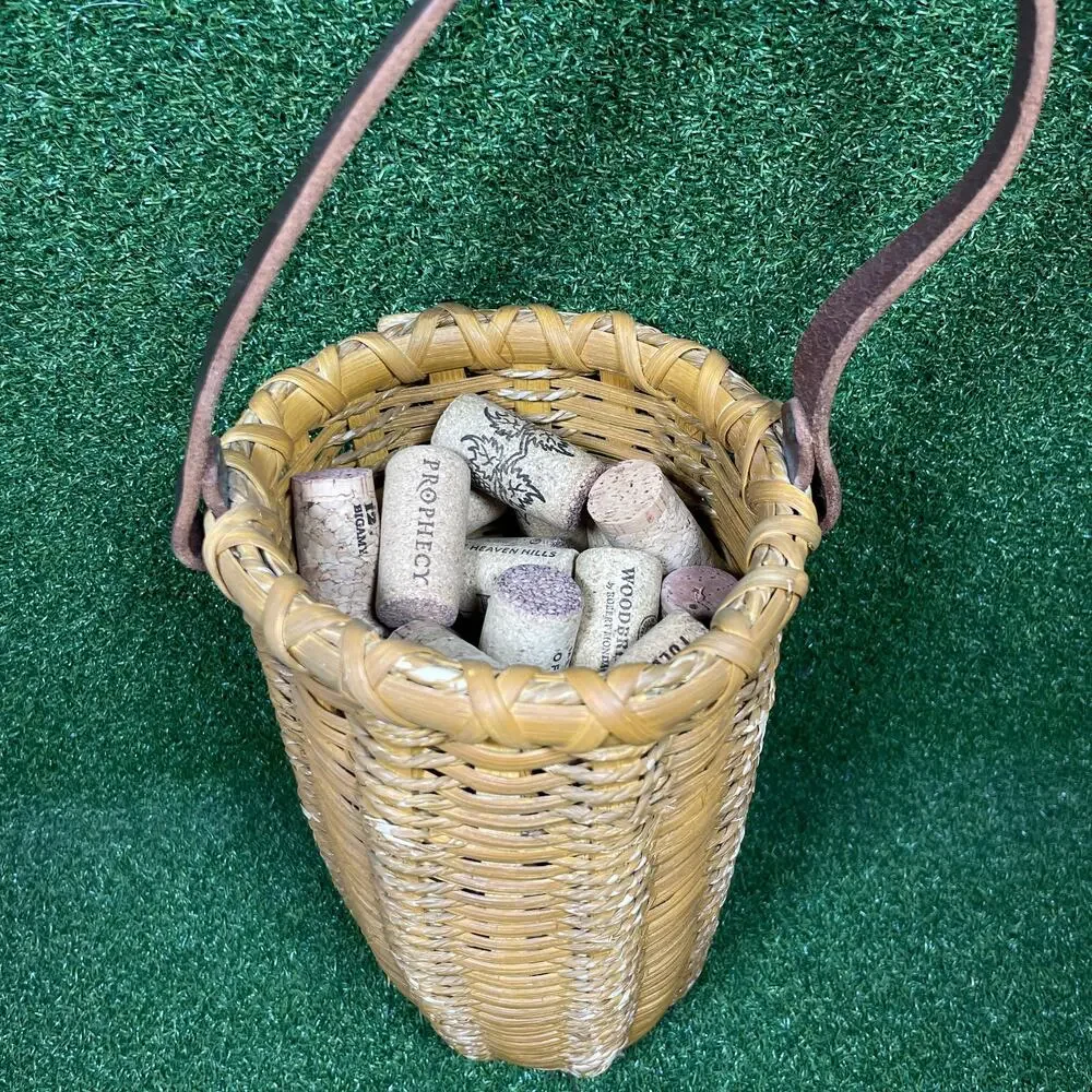 Vintage Tall Cylindrical Woven Wine Cork Basket Faux Leather Strap Handle